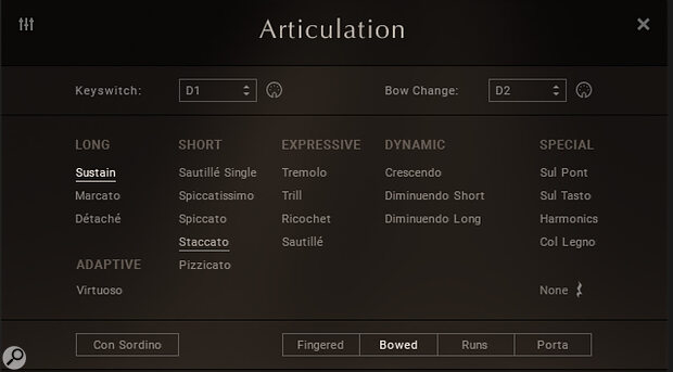 If the automatic, adaptive Virtuoso mode doesn’t give you what you need then 20 separate articulations are on hand to fulfil almost all musical requirements.