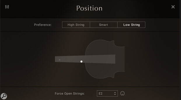 On a real violin it makes a big difference to any individual note’s sound quality whether it’s produced by stopping low down or high up on the neck, on different strings: the Position controls let you influence that in Stradivari Violin as required.