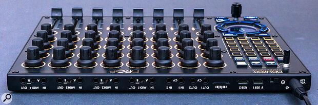 For readers not in the Southern Hemisphere, the rear of the Drop is home to two USB‑C ports, an SD card slot and, on 3.5mm sockets, two channels of CV I/O and four channels of MIDI I/O, the latter with a switch to flip between the A and B TRS MIDI standards.