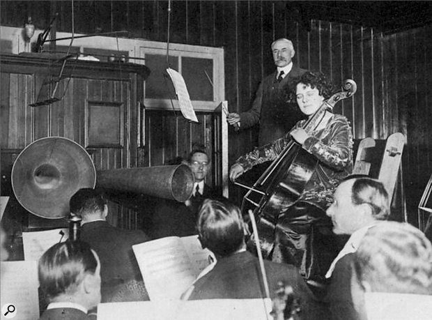 Wacky funster and notorious practical joker Sir Edward Elgar convinces the LSO that enormous horns are necessary to the recording process.