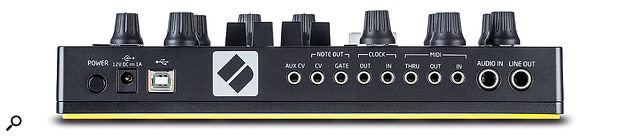 At the back of the Circuit Mono Station we find a  socket for the 12V power supply, a  USB-B port, 3.5mm sockets for CV, Gate, Clock and MIDI I/O, and a  pair of quarter-inch jacks for audio in and out.