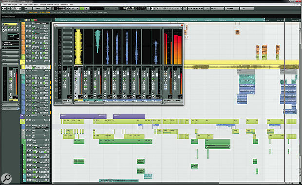 Nuendo 5 in all its glory playing the included example Project, 'Changes'. Note the new real‑time scrolling waveform view in the mixer.