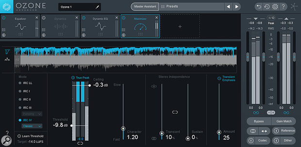 In Streaming mode, Ozone’s Maximizer will target a loudness of -14 LUFS that is appropriate for streaming services.