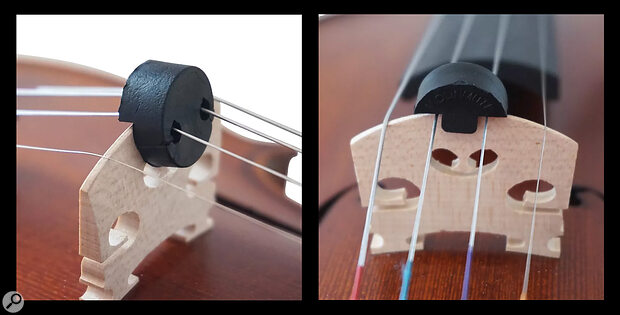 A modern rubber violin mute in action. The mute works by reducing the vibration of the bridge, thus dampening the upper frequencies and softening the overall sound of the instrument.