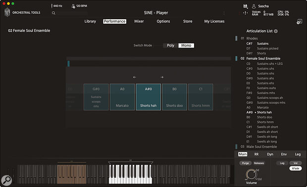 Use Sine’s Performance page to change articulations on the fly.