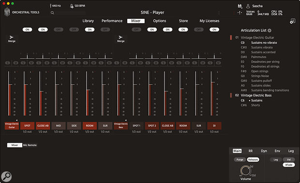 The Mixer page shows the mic positions for all loaded instruments.