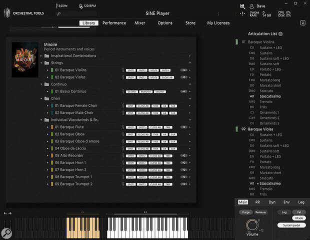 Orchestral Tools Sine player makes it easy to manage instrument articulations. Keyswitches are marked in yellow and mapped samples in white — a grey line above the keyboard at either end denotes a user‑programmed range extension.