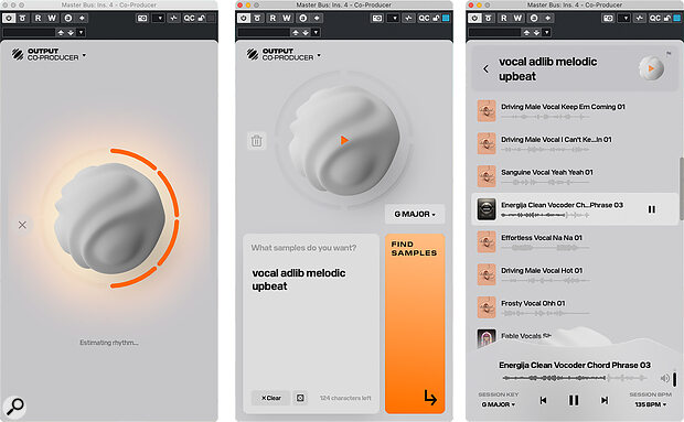 Co‑Producer will listen to a section of your track (left), let you provide a text prompt to identify what you are looking for (centre), and then use its AI smarts to identify some suitable loop options for you to audition (right).