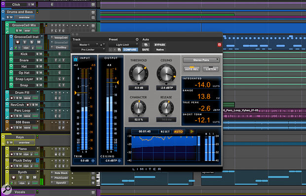 Avid’s Pro Limiter has loudness and true peak metering, and is best placed on a Master Fader where the inserts are post‑fader.