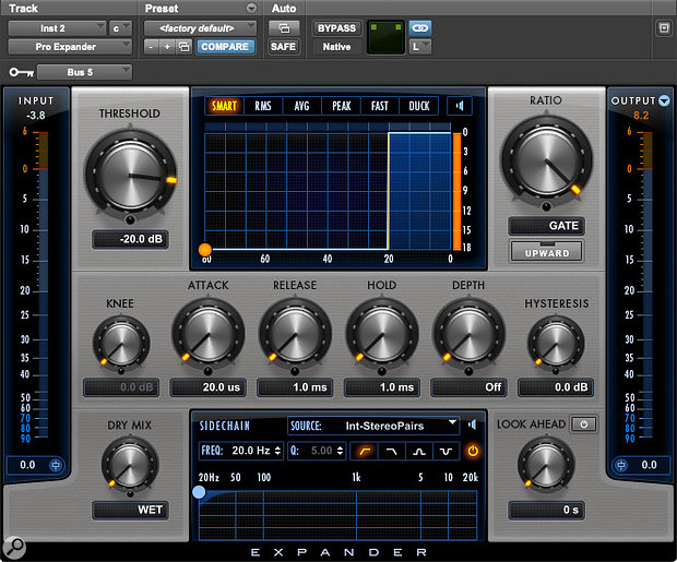 A good way to explore the effect of the Hysteresis control is to feed Pro Expander from the Boom! drum machine, using a kick-drum sound with a long tail.