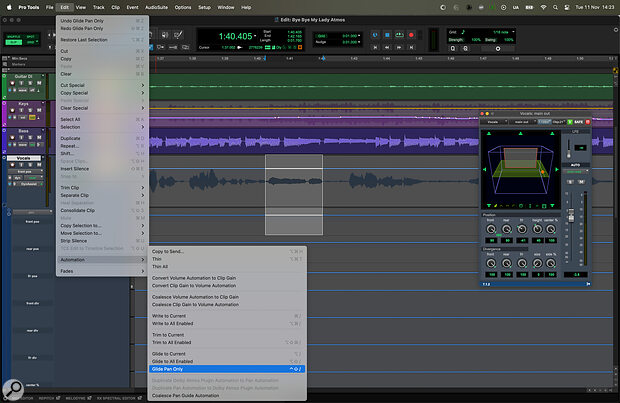 The Glide To command lets you change any automation parameter’s value over the duration of your edit selection — and it will work over multiple parameters, giving you a powerful ‘morphing’ tool.