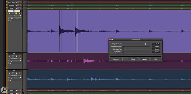 Strip Silence in action. With the Pads set to 0, the clips are cut off as soon as the signal drops below the threshold.