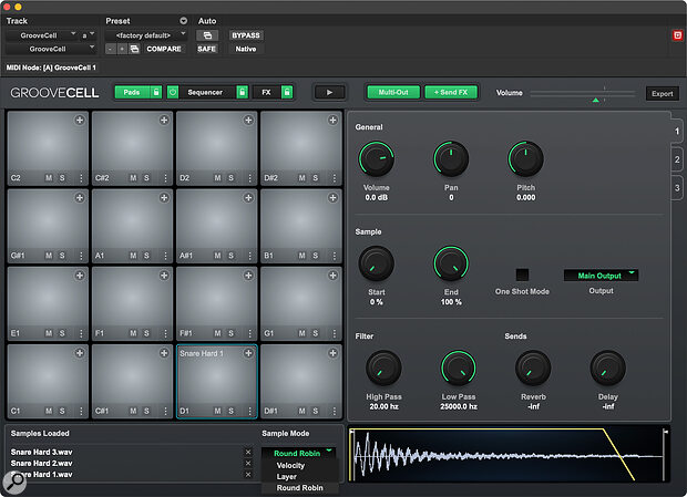 GroovCell is great for quick sampling jobs, but has its limitations. For example, you can’t implement both velocity layering and round robin playback at the same time.