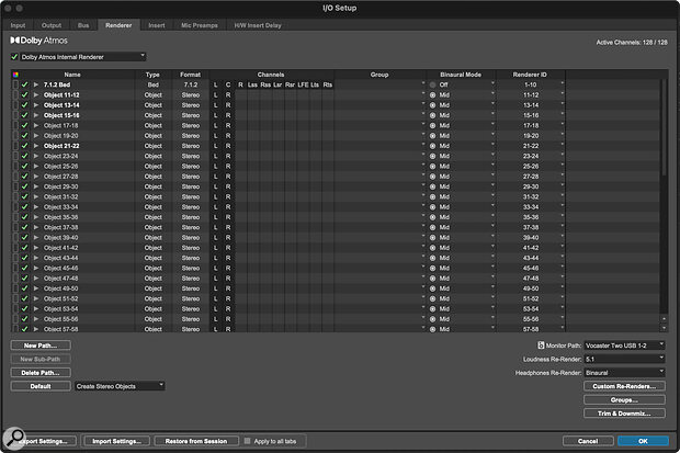 The Dolby Atmos Internal Renderer template, selected in the I/O Setup window, pre‑configures your routing with both mono and stereo tracks going to both beds and objects. You can delete/duplicate these as needed for your first Atmos mix.