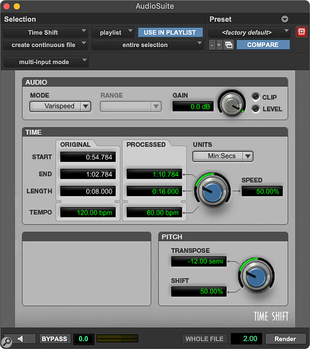 The Time Shift AudioSuite plug‑in lets you experiment with playback speed. It uses an older algorithm, but the artefacts have a certain charm!