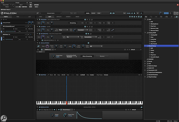 Samples can be dragged from Finder or Explorer straight into UVI Falcon. Here, the imported sample is being augmented by one of Falcon’s included 808 kick samples, and shaped using an Attack Decay envelope.