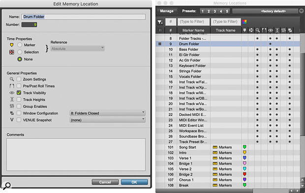 Memory locations don’t just have to relate to the timeline: they can also store zoom settings, track visibility, track heights and more.