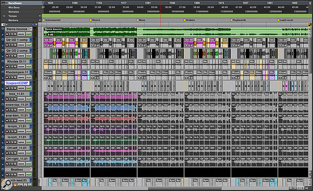 Visible in this Edit window screenshot are six duplicates of an original mix. As you can see, elements have been selectively muted in each. The entire collection has been exported as a single Bounce to Disk operation, and the resulting file imported to a new track (top).