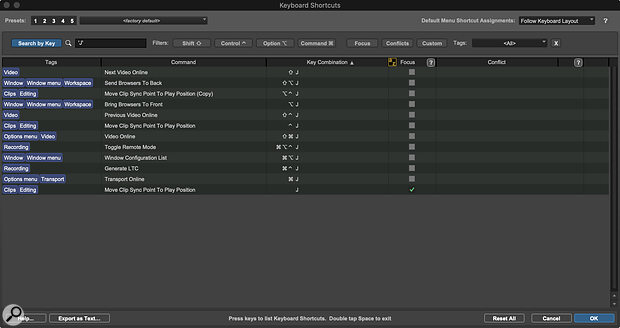 You can also find all shortcuts related to a particular key or key combination. The ‘J’ family of shortcuts all relate to video, for example, so are ripe for replacement if you only work with audio.