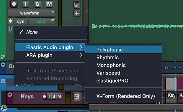 Set the Elastic Audio mode of audio tracks to Polyphonic, and they’ll change pitch alongside MIDI and instrument tracks when you use the MIDI Operations Transpose function.