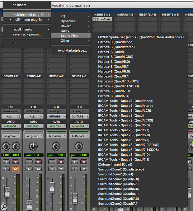 This is the list of multi-channel plug-ins in the Sound Field category that can be instantiated on a four-channel Quad track in Pro Tools HD on my system. Note that most of them are available in multiple versions with different output channel formats. If I instantiate a ‘Quad/stereo’ version, the following plug-in will ‘see’ a stereo input. 