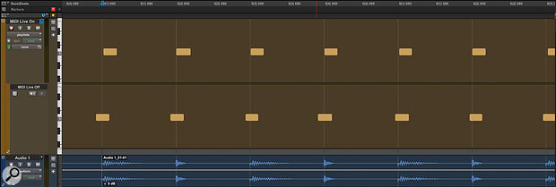 MIDI Live Mode will compensate for the delay between a MIDI note reaching your virtual instrument and the instrument outputting audio. It’s enabled on the top track, and you can see that the Note On messages line up exactly with the audio at the bottom.