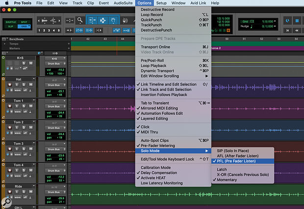 The three solo modes are available from Pro Tools’ Options menu.