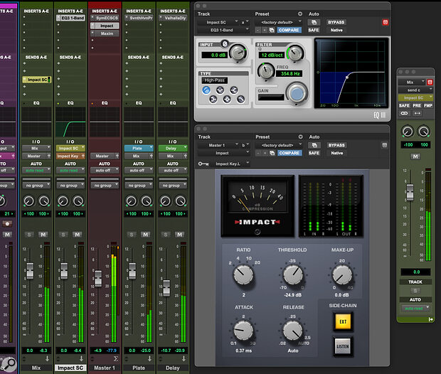 Screen 1: A common production technique is to high‑pass filter a compressor’s internal side‑chain, so that kicks and basses don’t trigger excessive compression. Some compressor plug‑ins have these filters built in, but if not, you can set up your own filtering in the Pro Tools mixer.