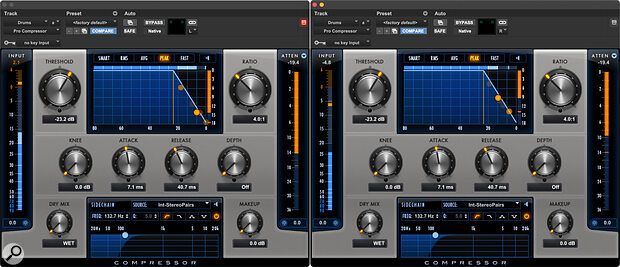 Screen 2: Most of Pro Tools’ bundled compressors will only work in linked mode on stereo tracks. If you want to unlink the left and right channel side‑chains, you need to use a multi‑mono instance.