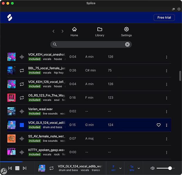 The Splice browser offers tag‑based searching of all of Splice’s content, and can even time‑stretch and transpose samples so that you can audition them in context.