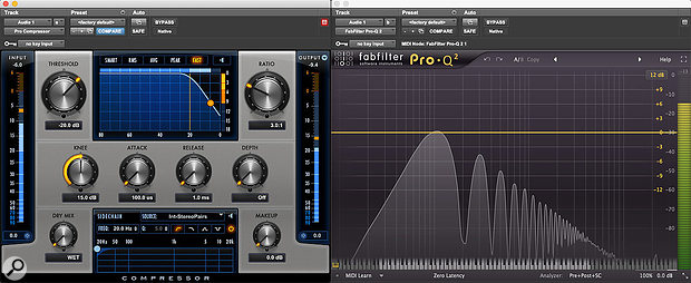 The difference between Fast and Smart modes on a  low-frequency signal is very visible in the EQ spectrum. In the upper screen, fast attack and release times visibly lead to odd-harmonic distortion.