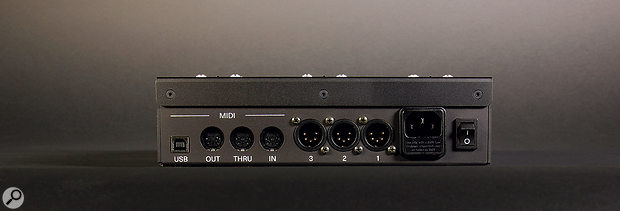 At the rear of the control unit we find a USB port, MIDI in, out and thru ports, an IEC mains connector and a power switch.