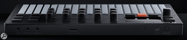 Minimal in terms of design and connections, the Play’s back panel features just an audio out and MIDI I/O on 3.5mm sockets, a micro‑SD slot, a USB‑C port and a power button.