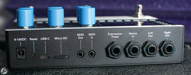 Things are pretty busy round the back, with a USB‑C port, microSD card slot, 3.5mm MIDI in and out sockets, and quarter‑inch connections for an expression pedal and stereo audio inputs and outputs.