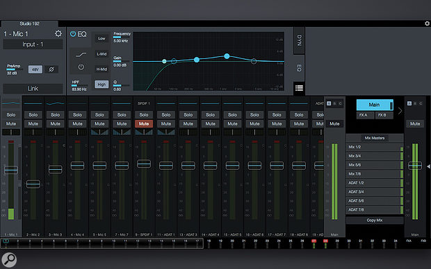 The main UC Surface display, with the context–dependent top half of the screen showing the Fat Channel EQ window for mic input 1. Talkback configuration lurks behind the small white arrow at the extreme right, and you access the headphone routing configuration options by touching the icon at the top of the Main fader. This took me a  while to figure out!