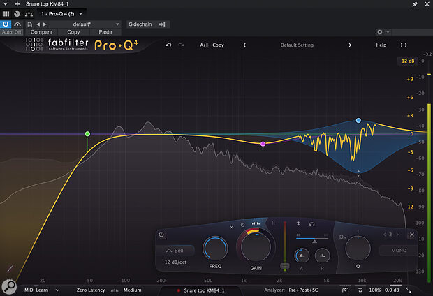 A spectral EQ band in action. Pro‑Q is dynamically applying narrow cuts within the treble frequency band in response to resonant frequencies in the source.