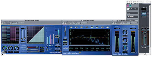 A typical setup for processing a final mix in software, shown here using Logic's Multipressor, Channel EQ and Adaptive Limiter (from left to right). 