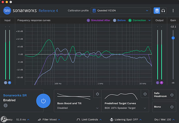 Here's what Sonarworks thought of the V2104. The light blue curve is the left speaker's measured in-room response, the green line is the correction curve, and the purple line is the calculated end result.