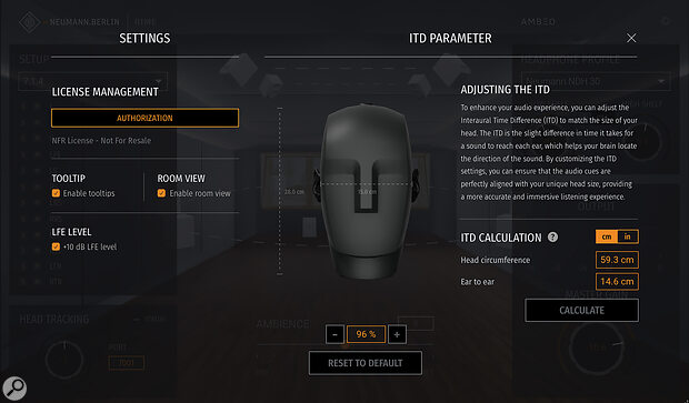 The Settings pane allows the Interaural Time Difference to be adjusted based on simple measurements of the user’s head.