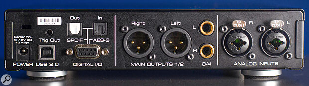 Round the back things are a bit busier, connection wise, with a 3.5mm trig output, USB B port, TOSLink connectors and a D‑type port for digital I/O, XLR and quarter‑inch audio outputs and combi XLR audio inputs. Round the back things are a bit busier, connection wise, with a 3.5mm trig output, USB B port, TOSLink connectors and a D‑type port for digital I/O, XLR and quarter‑inch audio outputs and combi XLR audio inputs.