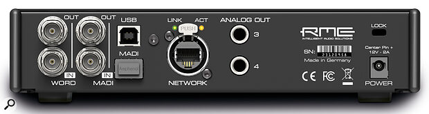 At the back of the AVB Tool we find two pairs of BNC connections for word‑clock and coaxial MADI I/O, a USB‑B port for updates, a blanking plate for the optional SFP transceiver module, the all important RJ45 connector and a pair of quarter‑inch analogue audio outputs.