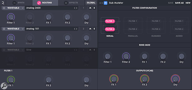 The routing view, routing sources into filters and effects.