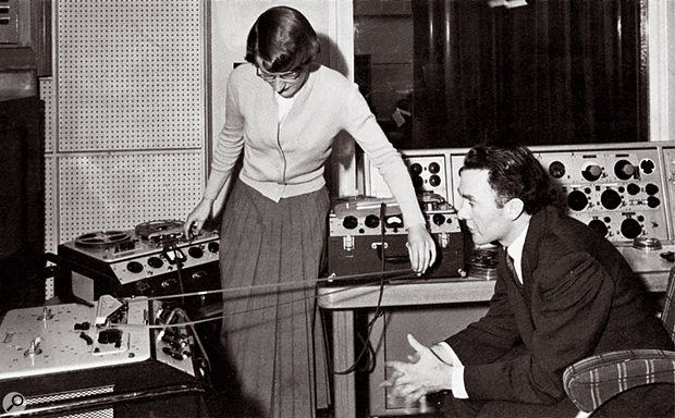 Before the Workshop: Daphne Oram manipulates a tape loop at Broadcasting House, watched by Frederick Bradnum, 1956 or '57.