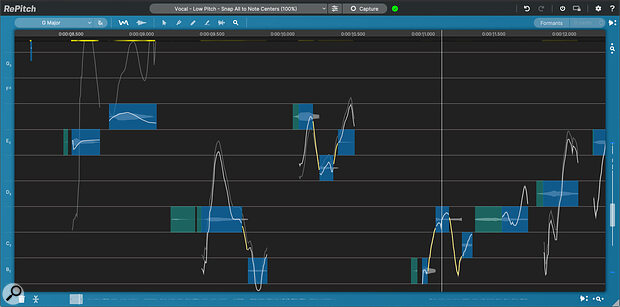 RePitch in action. The yellow lines at the top left under the time ruler indicate areas where significant editing has taken place.