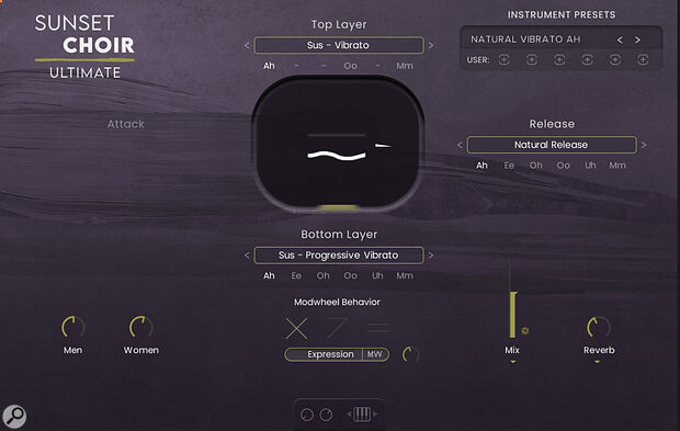 Expression control can be assigned either to CC11 or the mod wheel by clicking on the button next to the Expression parameter. When set to mod wheel, adjust the strength knob on the right to set the range of expression, with middle placement working best for a smooth soft‑to‑loud dynamic.