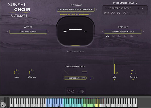 You can create up to six user presets that are then automatically mapped to corresponding keyswitches indicated by yellow keys on the keyboard, allowing you to switch between articulations with ease as you play.