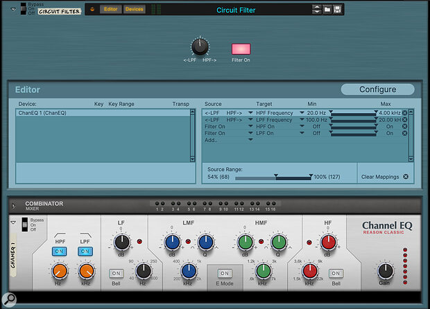 Screen 2: Using the Source Range setting to create a high‑ to low‑pass performance filter.