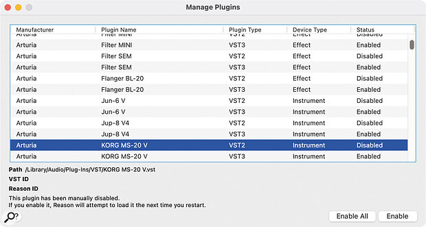 Screen 2: With both VST2 and VST3 plug‑ins now showing up in the list you may need to do some housekeeping in the Manage Plug‑ins window.