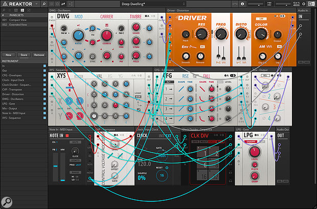 Screen 2: Reaktor has dedicated Audio In and Out modules. Here, two audio sources from the Reason Rack are patched to CV inputs on the Driver and CFG modules.