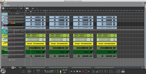 Screen 1. Recording multiple takes down the timeline is a quick and safe way to work, especially if you’re playing in the band as well as running the session.